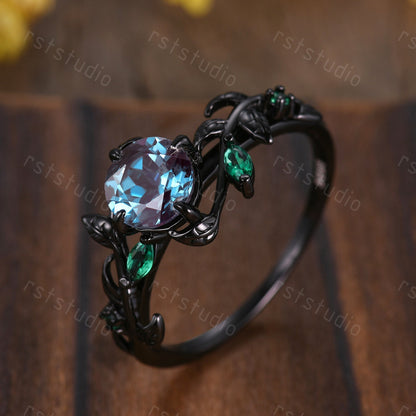 Nature Inspired Alexandrite Couple Ring Set : Emerald Leaf, Black Band