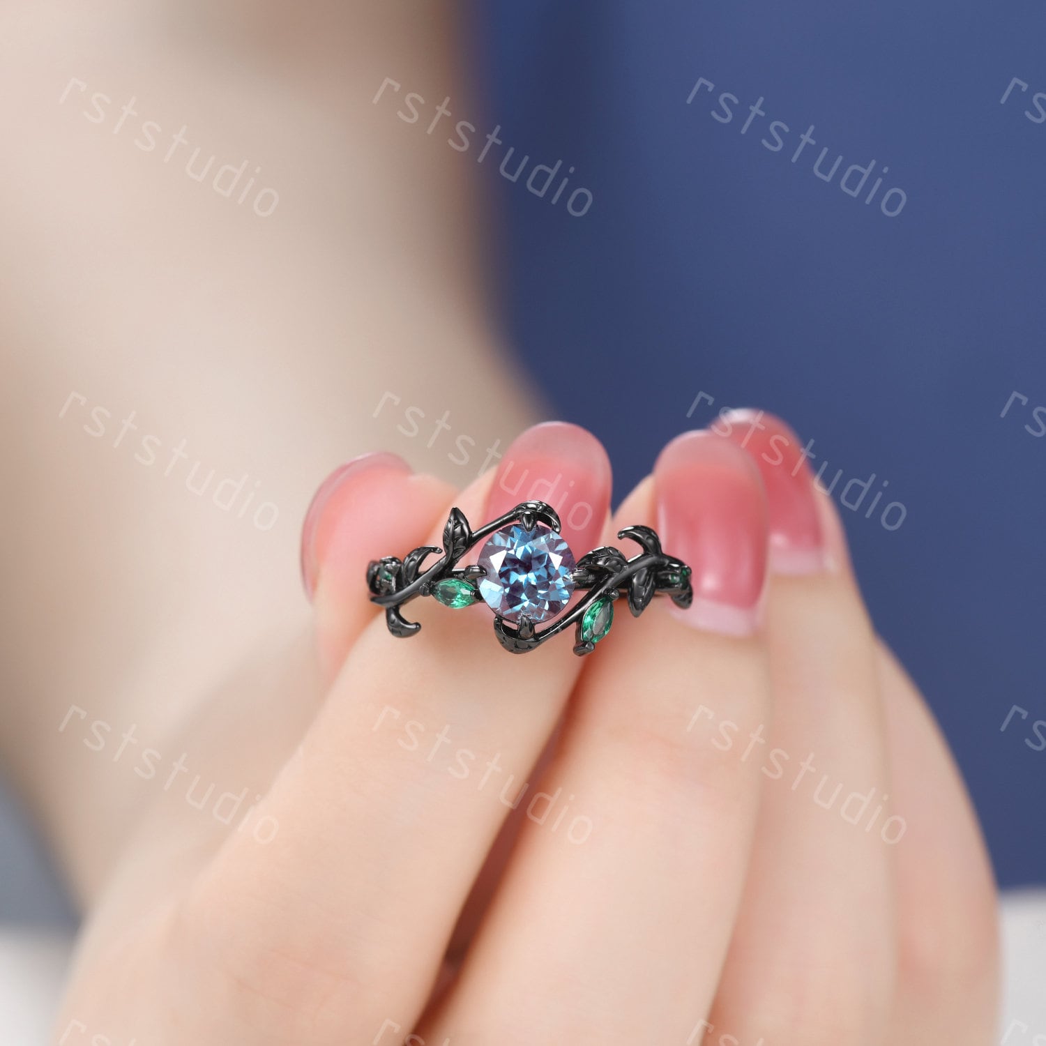 Nature Inspired Alexandrite Couple Ring Set : Emerald Leaf, Black Band