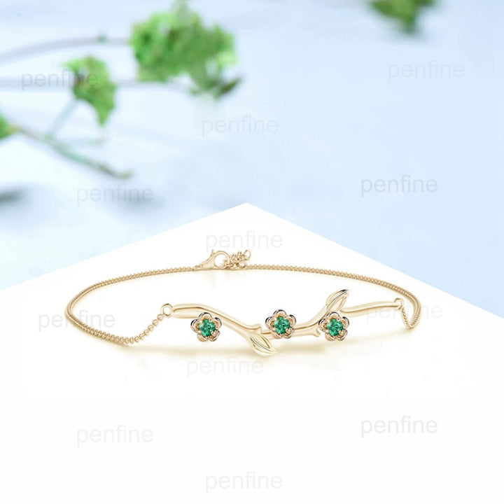 Elegant flower emerald bracelet twig branch green crystal leaves bracelet nature inspired Stackable Bracelet Women anniversary gift for her - PENFINE