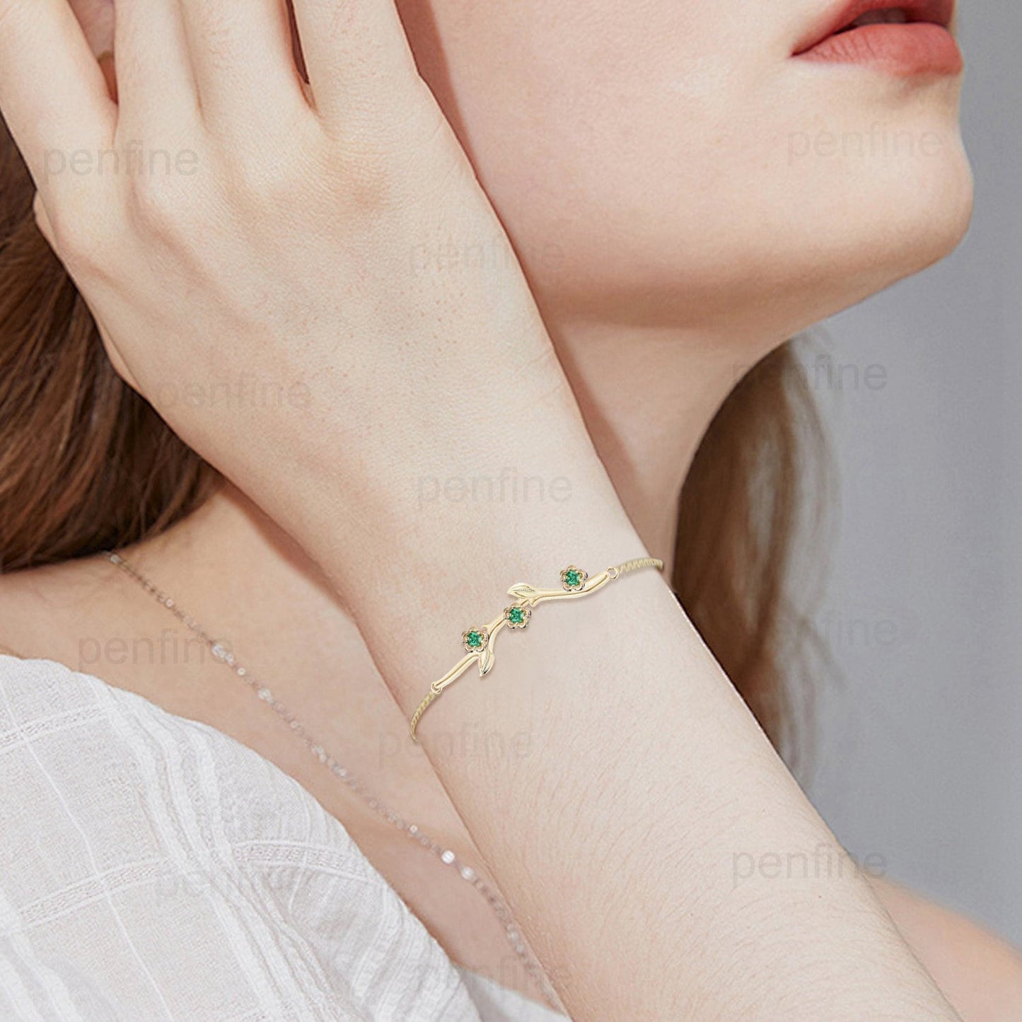 Elegant flower emerald bracelet twig branch green crystal leaves bracelet nature inspired Stackable Bracelet Women anniversary gift for her - PENFINE