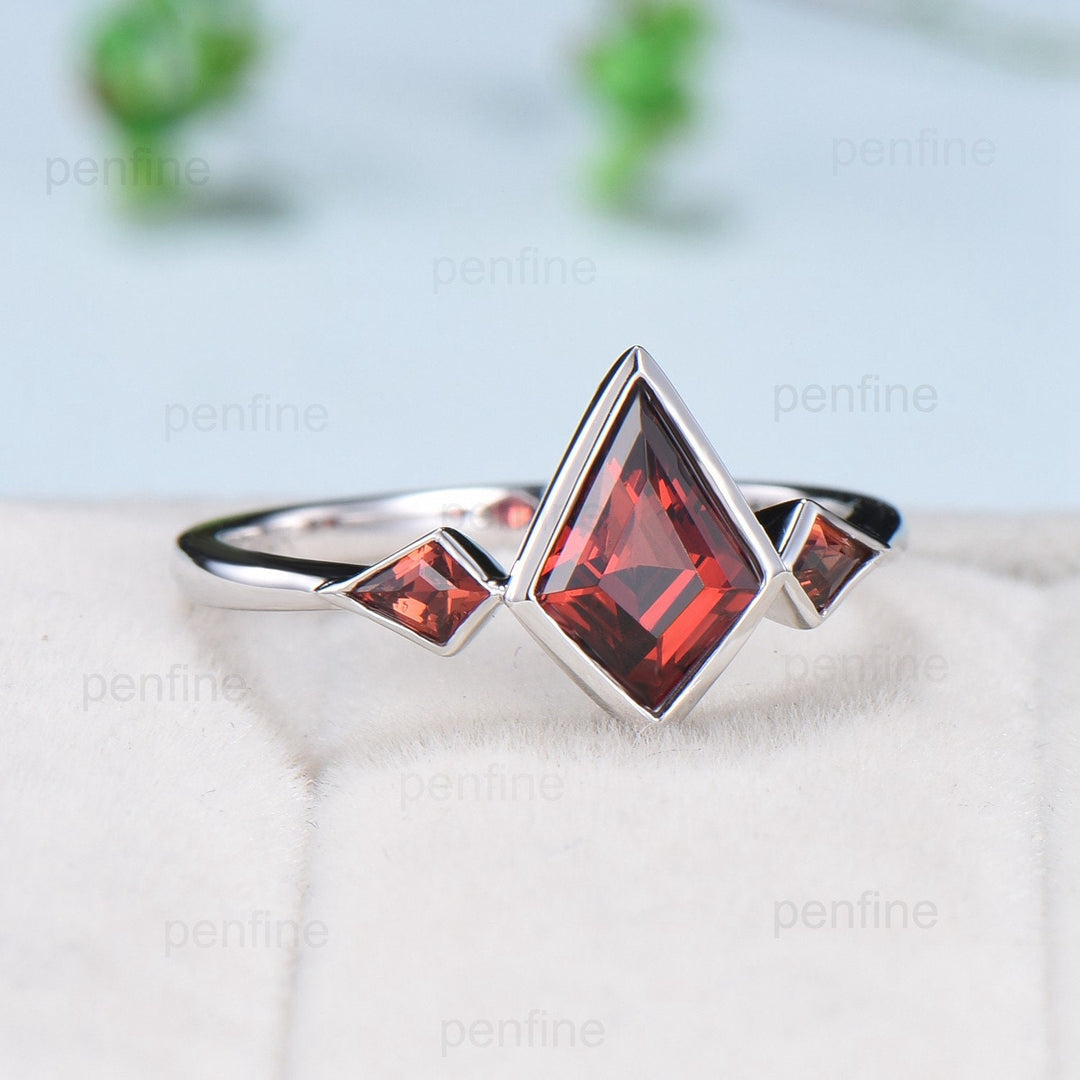 Kite Cut Red Garnet Engagement Ring - Modern Bezel Set Three Stone Band - PENFINE