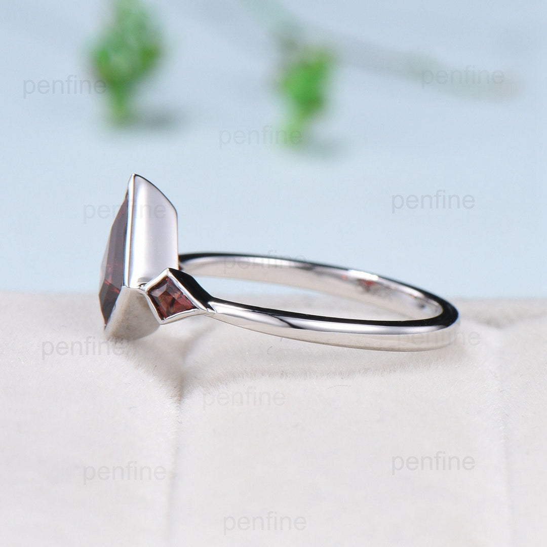 Kite Cut Red Garnet Engagement Ring - Modern Bezel Set Three Stone Band - PENFINE