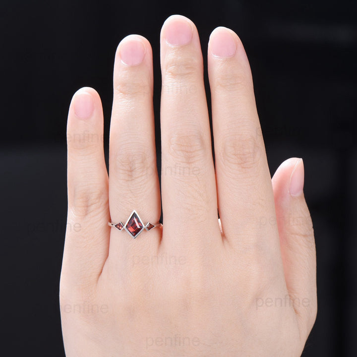 Kite Cut Red Garnet Engagement Ring - Modern Bezel Set Three Stone Band - PENFINE