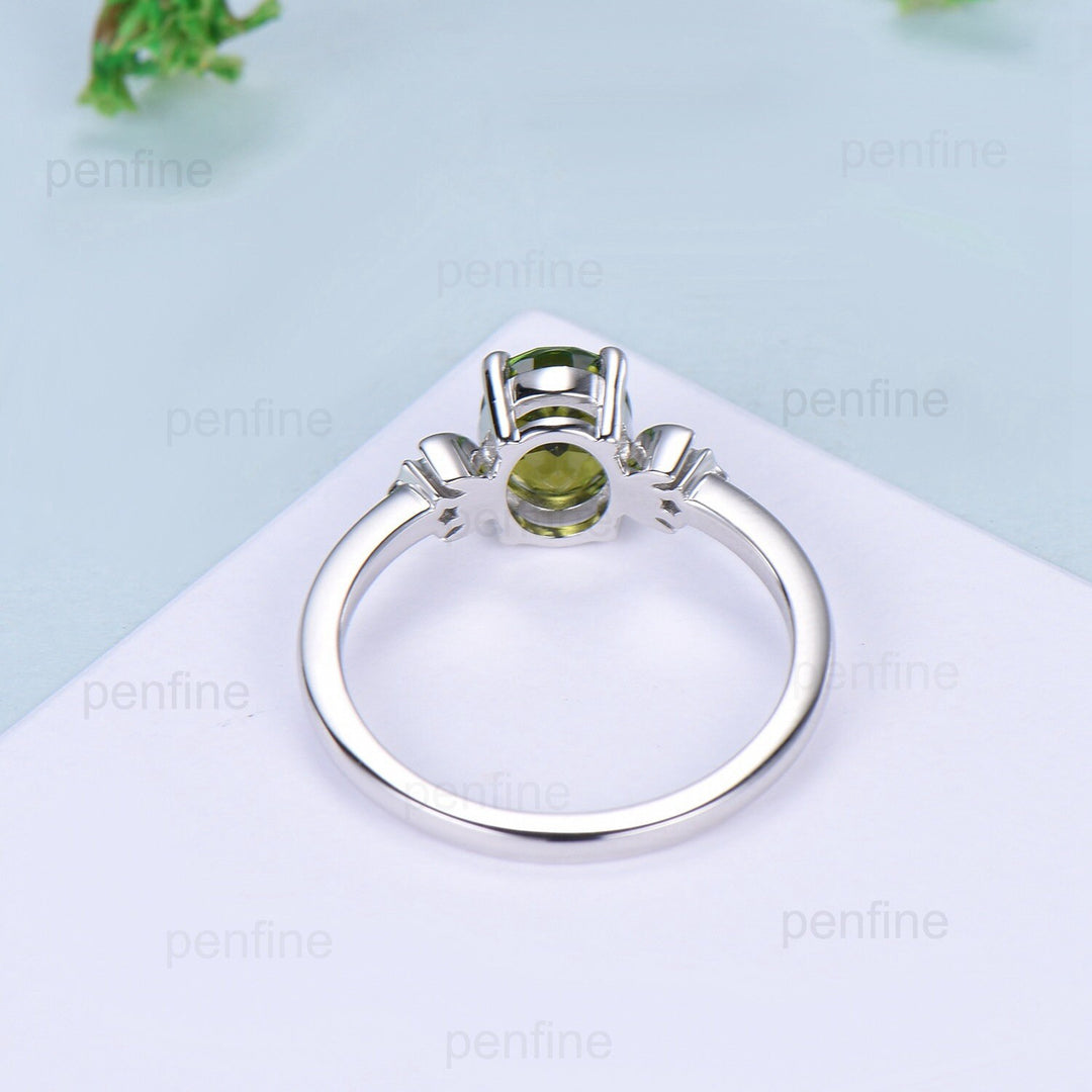 Moon Star Natural Oval Green Tourmaline Engagement Ring Solid 14K/18K White Gold Vintage Cluster Emerald Wedding Ring Anniversary Gift Women - PENFINE