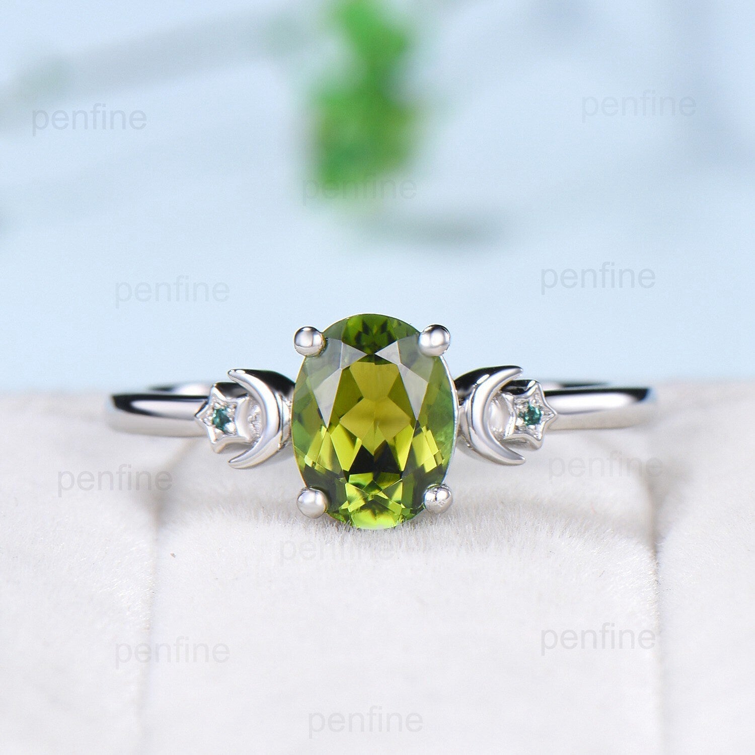 Moon Star Natural Oval Green Tourmaline Engagement Ring Solid 14K/18K White Gold Vintage Cluster Emerald Wedding Ring Anniversary Gift Women - PENFINE