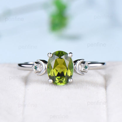 Moon Star Natural Oval Green Tourmaline Engagement Ring Solid 14K/18K White Gold Vintage Cluster Emerald Wedding Ring Anniversary Gift Women - PENFINE