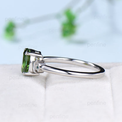 Moon Star Natural Oval Green Tourmaline Engagement Ring Solid 14K/18K White Gold Vintage Cluster Emerald Wedding Ring Anniversary Gift Women - PENFINE