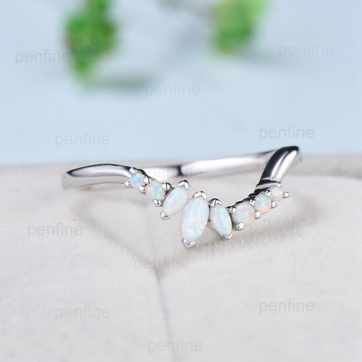 V prongs Opal wedding Band Marquise 14k white gold fire opal wedding ring Unique curved stacking marching band Art Deco Anniversary gift - PENFINE