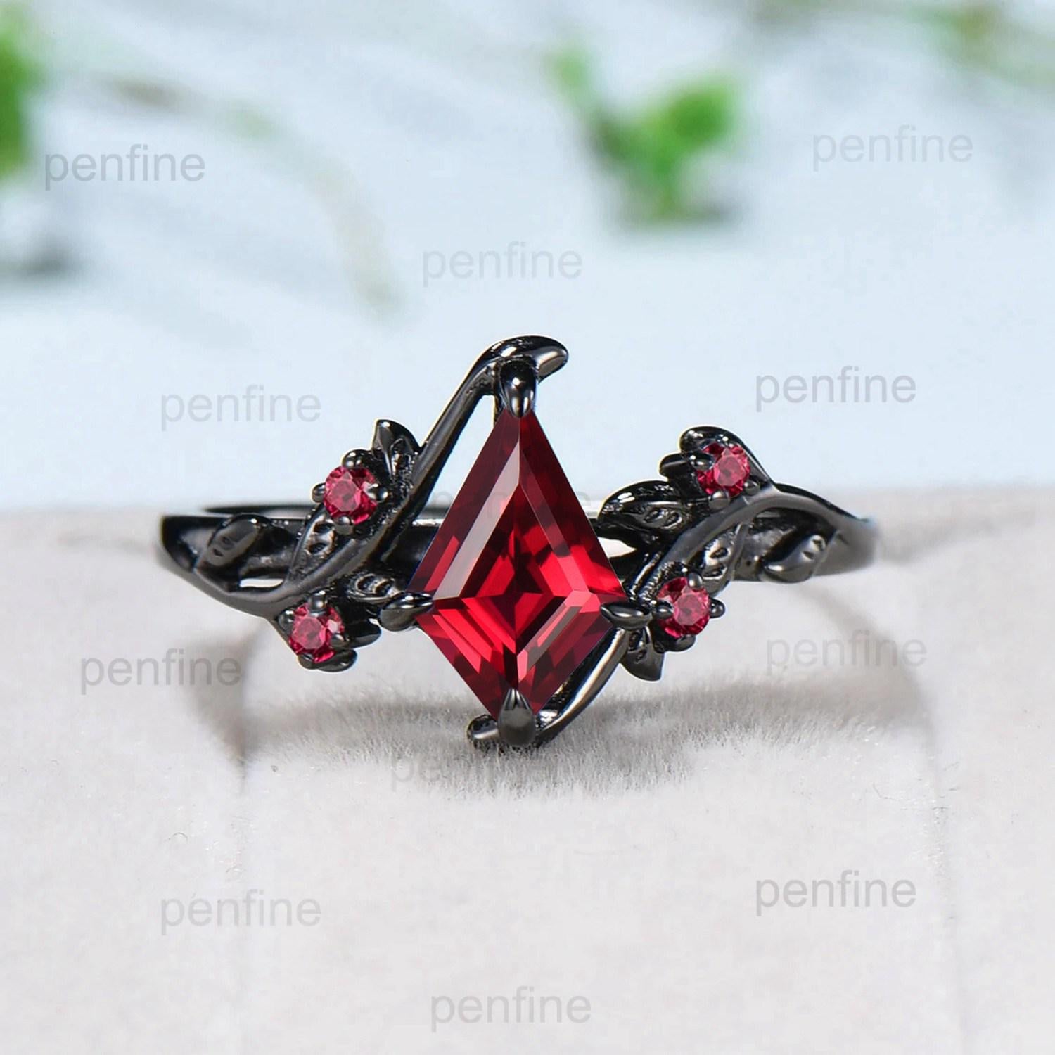 Elegant Black Gold Ruby Ring Vintage Lab Ruby Engagement Ring Leaf Cluster Ruby Wedding Women July birthstone Natural inspired  Branch Ring - PENFINE