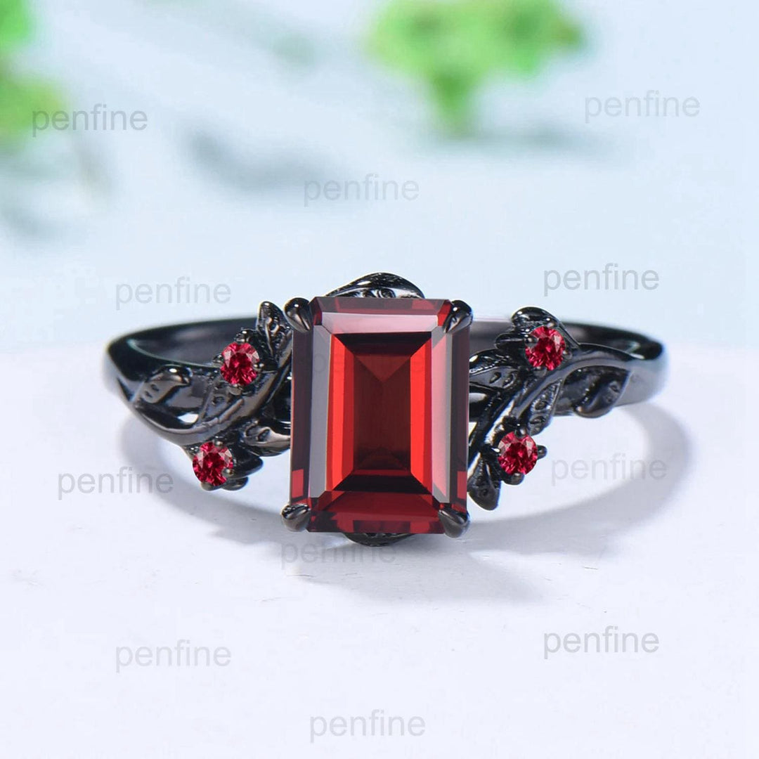 Elegant Black Gold Ruby Ring Vintage Lab Ruby Engagement Ring Leaf Cluster Ruby Wedding Women July birthstone Natural inspired  Branch Ring - PENFINE