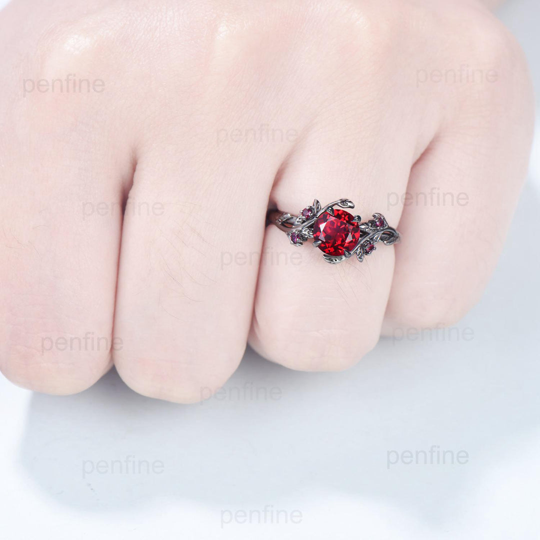 Elegant Black Gold Ruby Ring Vintage Lab Ruby Engagement Ring Leaf Cluster Ruby Wedding Women July birthstone Natural inspired  Branch Ring - PENFINE