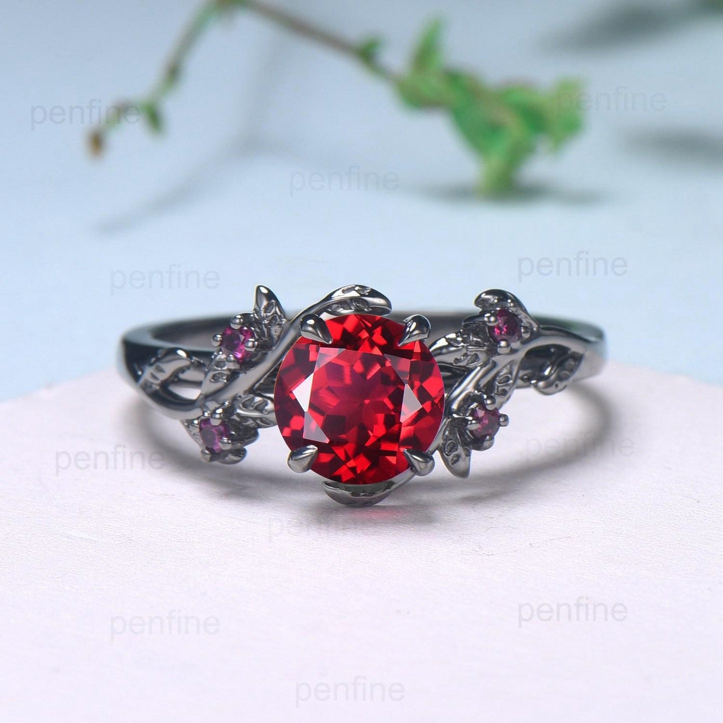 Elegant Black Gold Ruby Ring Vintage Lab Ruby Engagement Ring Leaf Cluster Ruby Wedding Women July birthstone Natural inspired  Branch Ring - PENFINE