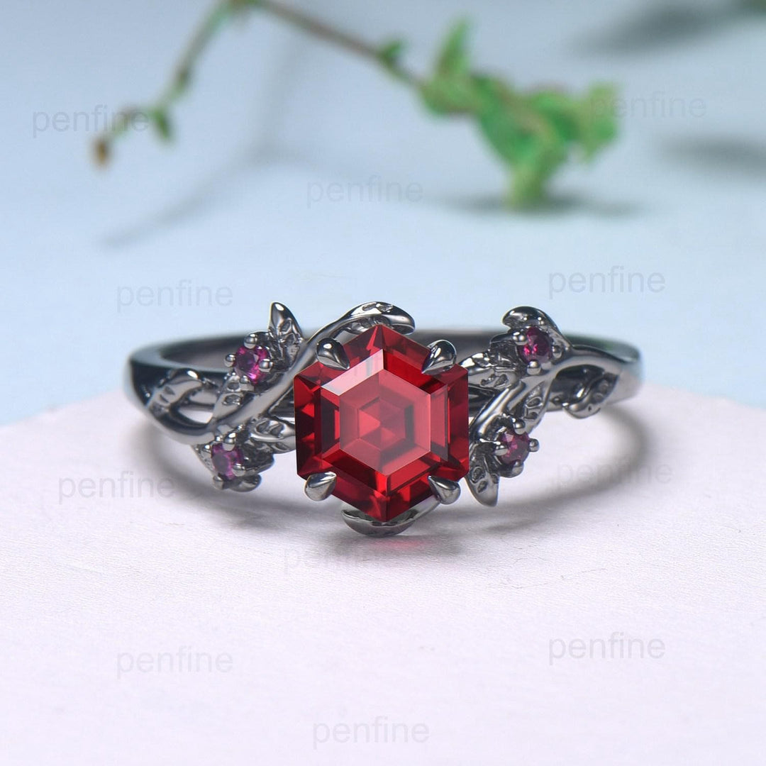 Elegant Black Gold Ruby Ring Vintage Lab Ruby Engagement Ring Leaf Cluster Ruby Wedding Women July birthstone Natural inspired  Branch Ring - PENFINE