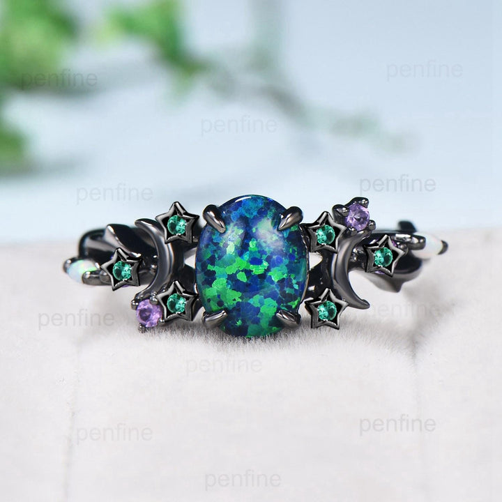 Unique Moon Star Black Gold Opal Engagement Ring Magic Fire Opal Galaxy Emerald Wedding Ring Cluster Amethyst Anniversary Ring Gift Women - PENFINE