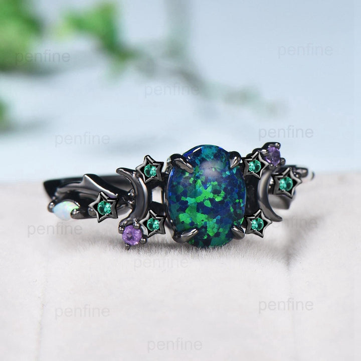 Unique Moon Star Black Gold Opal Engagement Ring Magic Fire Opal Galaxy Emerald Wedding Ring Cluster Amethyst Anniversary Ring Gift Women - PENFINE