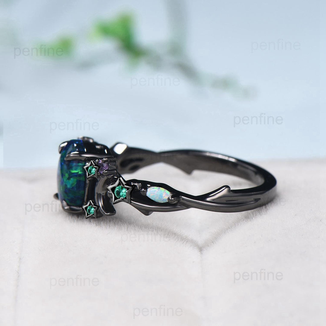 Unique Moon Star Black Gold Opal Engagement Ring Magic Fire Opal Galaxy Emerald Wedding Ring Cluster Amethyst Anniversary Ring Gift Women - PENFINE