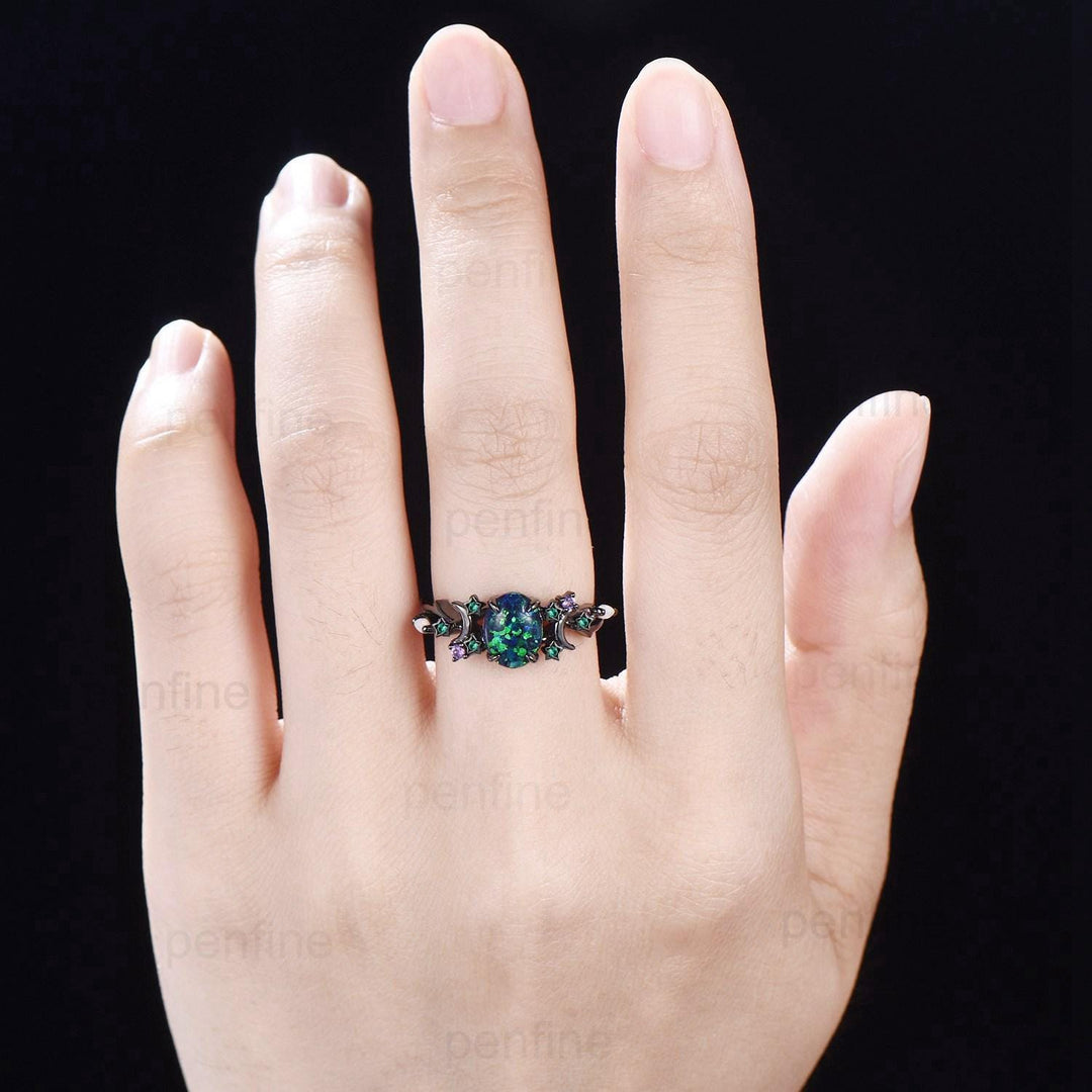 Unique Moon Star Black Gold Opal Engagement Ring Magic Fire Opal Galaxy Emerald Wedding Ring Cluster Amethyst Anniversary Ring Gift Women - PENFINE