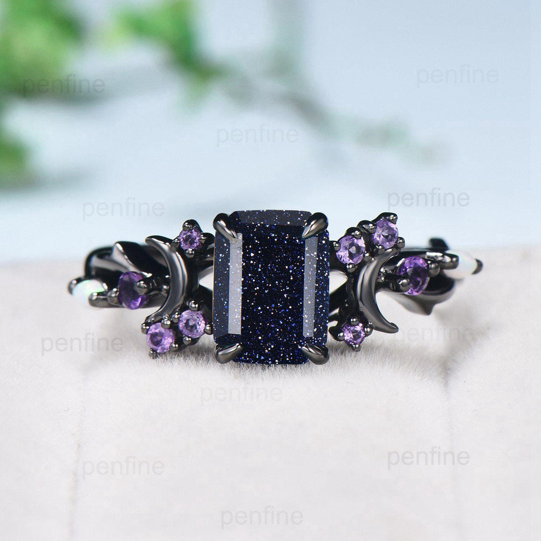 Unique Black Gold Blue Sandstone Ring Emerald Cut Vintage Galaxy Moon Engagement Ring Cluster Opal Amethyst Wedding Ring Promise Gift Women - PENFINE