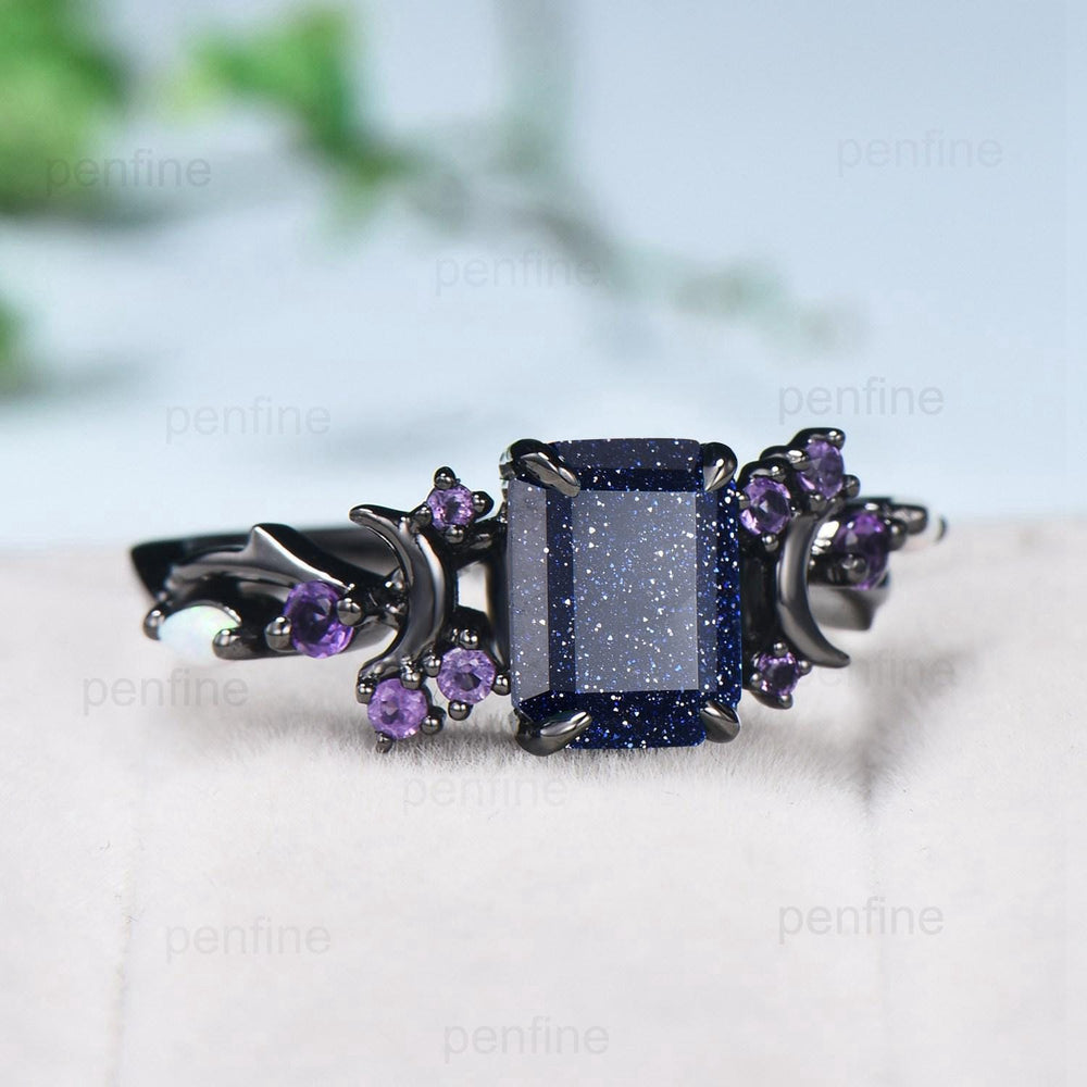 Unique Black Gold Blue Sandstone Ring Emerald Cut Vintage Galaxy Moon Engagement Ring Cluster Opal Amethyst Wedding Ring Promise Gift Women - PENFINE