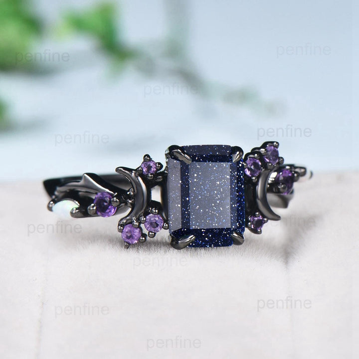 Unique Black Gold Blue Sandstone Ring Emerald Cut Vintage Galaxy Moon Engagement Ring Cluster Opal Amethyst Wedding Ring Promise Gift Women - PENFINE