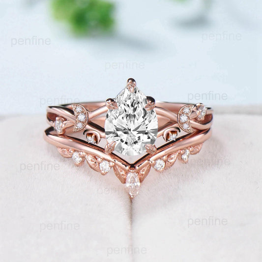 Vinatge pear shaped moissanite wedding ring set moon engagement ring women vintage unique anniversary gift rose gold lab grown diamond ring - PENFINE