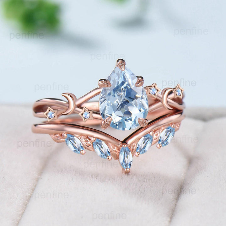 Vintage Pear Shaped Natural Aquamarine Engagement Ring Set Unique 14k Rose Gold Moon Star Wedding Ring Set Marquise Aquamarine Band Women - PENFINE