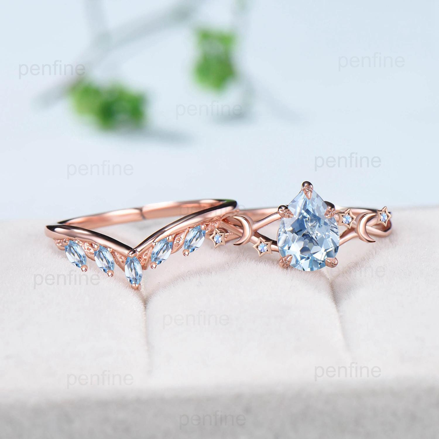 Vintage Pear Shaped Natural Aquamarine Engagement Ring Set Unique 14k Rose Gold Moon Star Wedding Ring Set Marquise Aquamarine Band Women - PENFINE