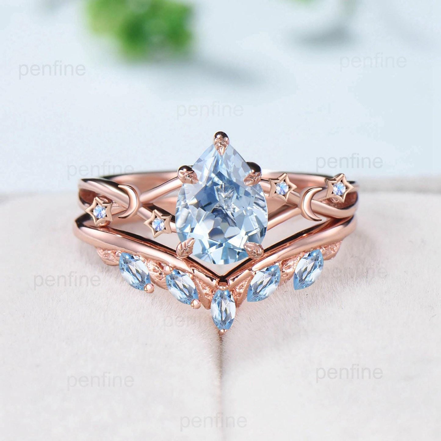 Vintage Pear Shaped Natural Aquamarine Engagement Ring Set Unique 14k Rose Gold Moon Star Wedding Ring Set Marquise Aquamarine Band Women - PENFINE