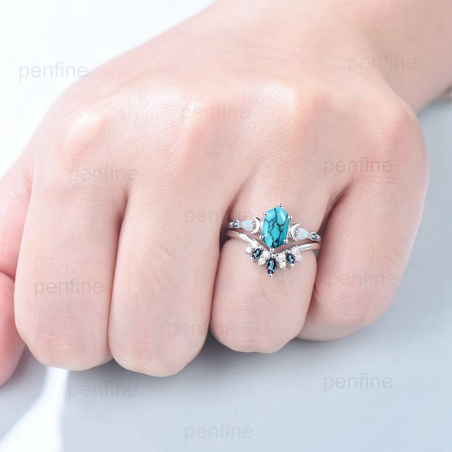 Vintage long hexagon turquoise engagement ring set unique five stone pear White opal art deco alexandrite wedding ring set anniversary gift - PENFINE