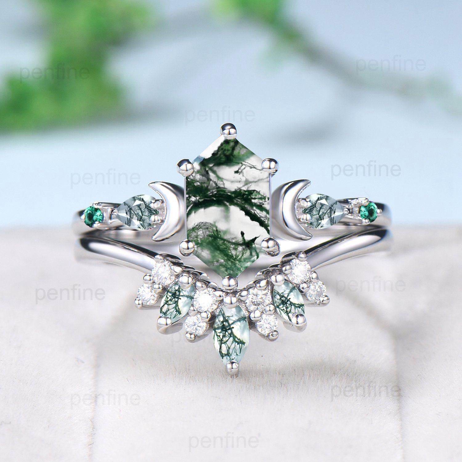 Magic crescent moon moss gate ring set unique long hexagon
