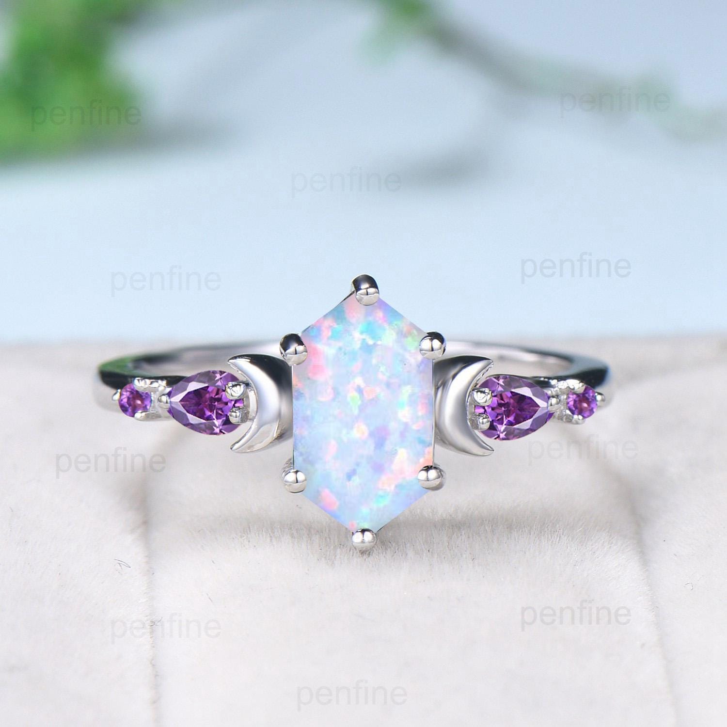 Vintage long hexagon opal engagement ring set rose gold five stone opal amethyst wedding ring set Art Deco curved v emerald band bridal set - PENFINE