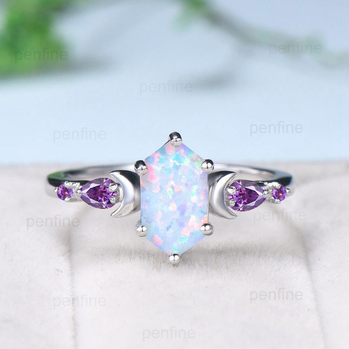 Vintage long hexagon opal engagement ring set rose gold five stone opal amethyst wedding ring set Art Deco curved v emerald band bridal set - PENFINE