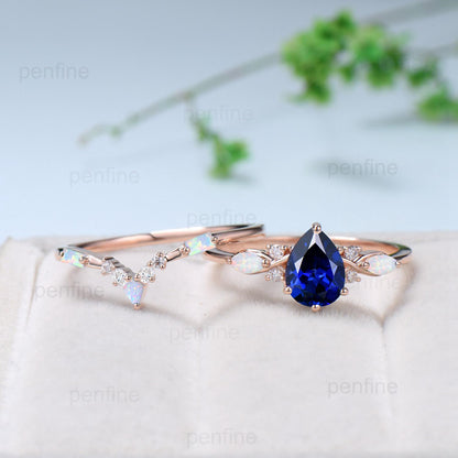 Vintage Sapphire Wedding Ring Set 14k Rose Gold Pear Shaped July Birthstone Engagement Ring Set Unique White Opal Bridal Ring Set for her - PENFINE