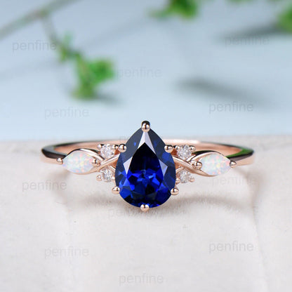 Vintage Sapphire Wedding Ring Set 14k Rose Gold Pear Shaped July Birthstone Engagement Ring Set Unique White Opal Bridal Ring Set for her - PENFINE