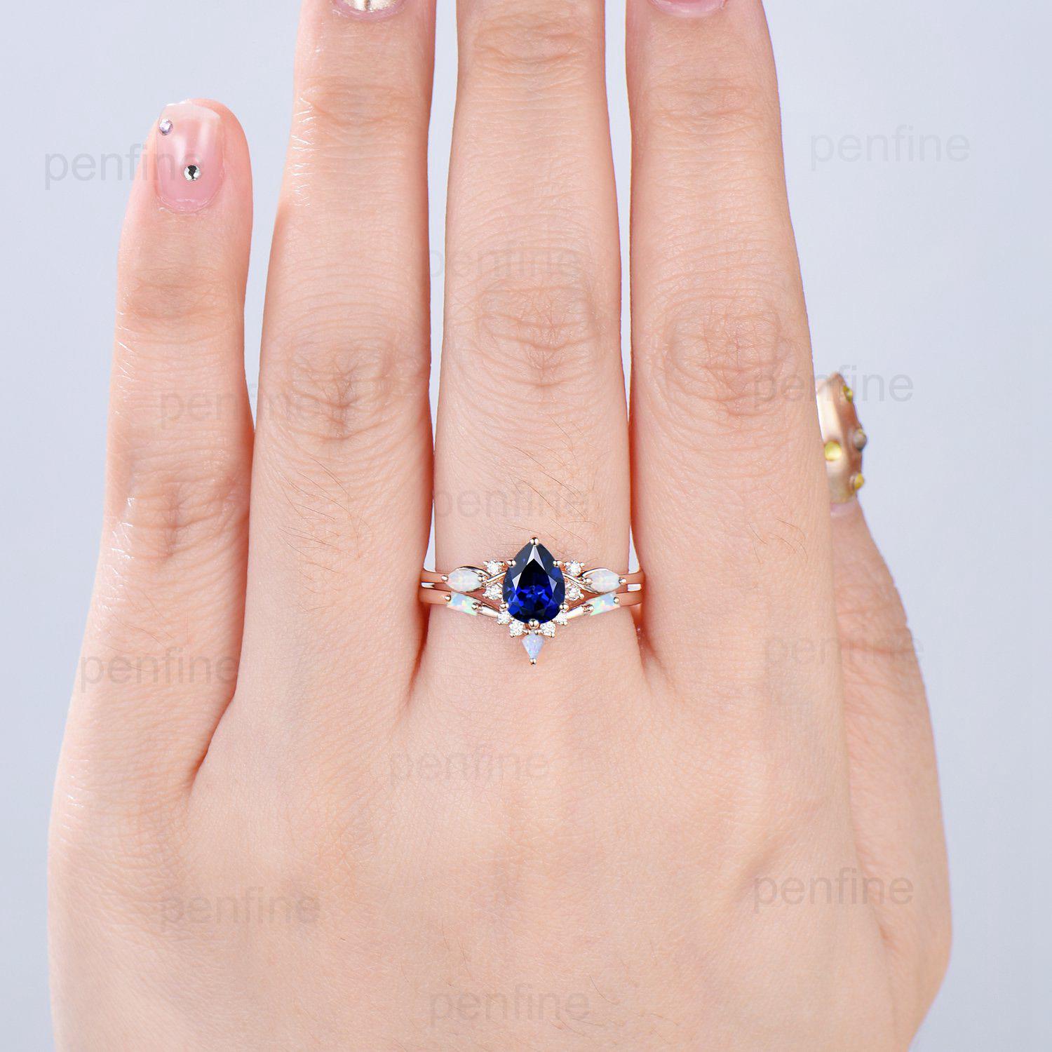 Vintage Sapphire Wedding Ring Set 14k Rose Gold Pear Shaped July Birthstone Engagement Ring Set Unique White Opal Bridal Ring Set for her - PENFINE