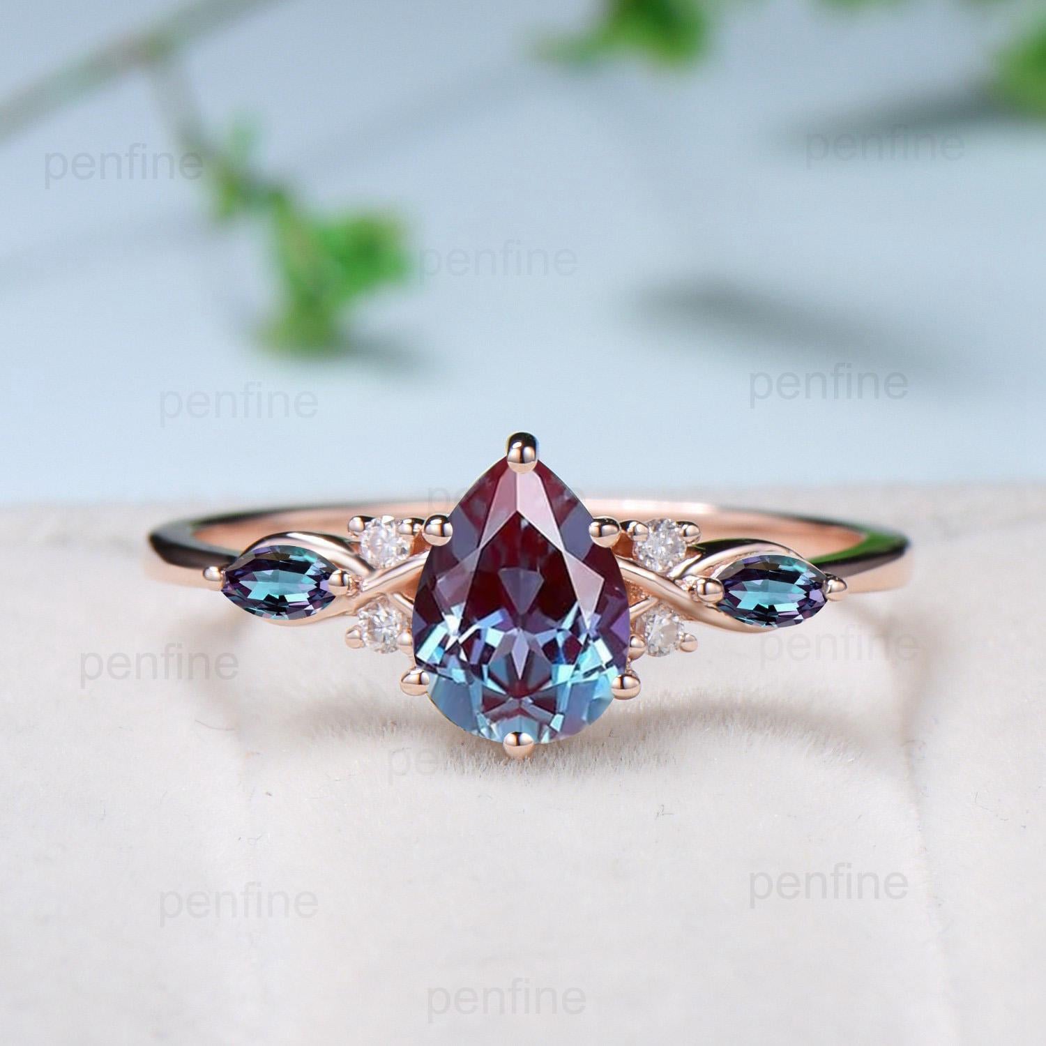 Natural Round cut Alexandrite Vintage Engagement Wedding Ring Unique Bridal Rose Gold Art Deco Miligrain selling Alexandrite June Birthstone Promise