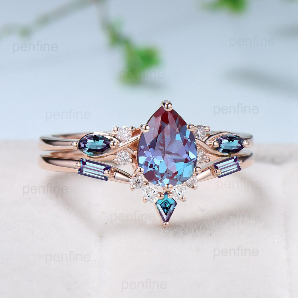 Vintage Alexandrite Wedding Ring Set 14k Rose Gold Pear Shaped June Birthstone Engagement Ring Set Unique Color Change Bridal Ring Set Women - PENFINE