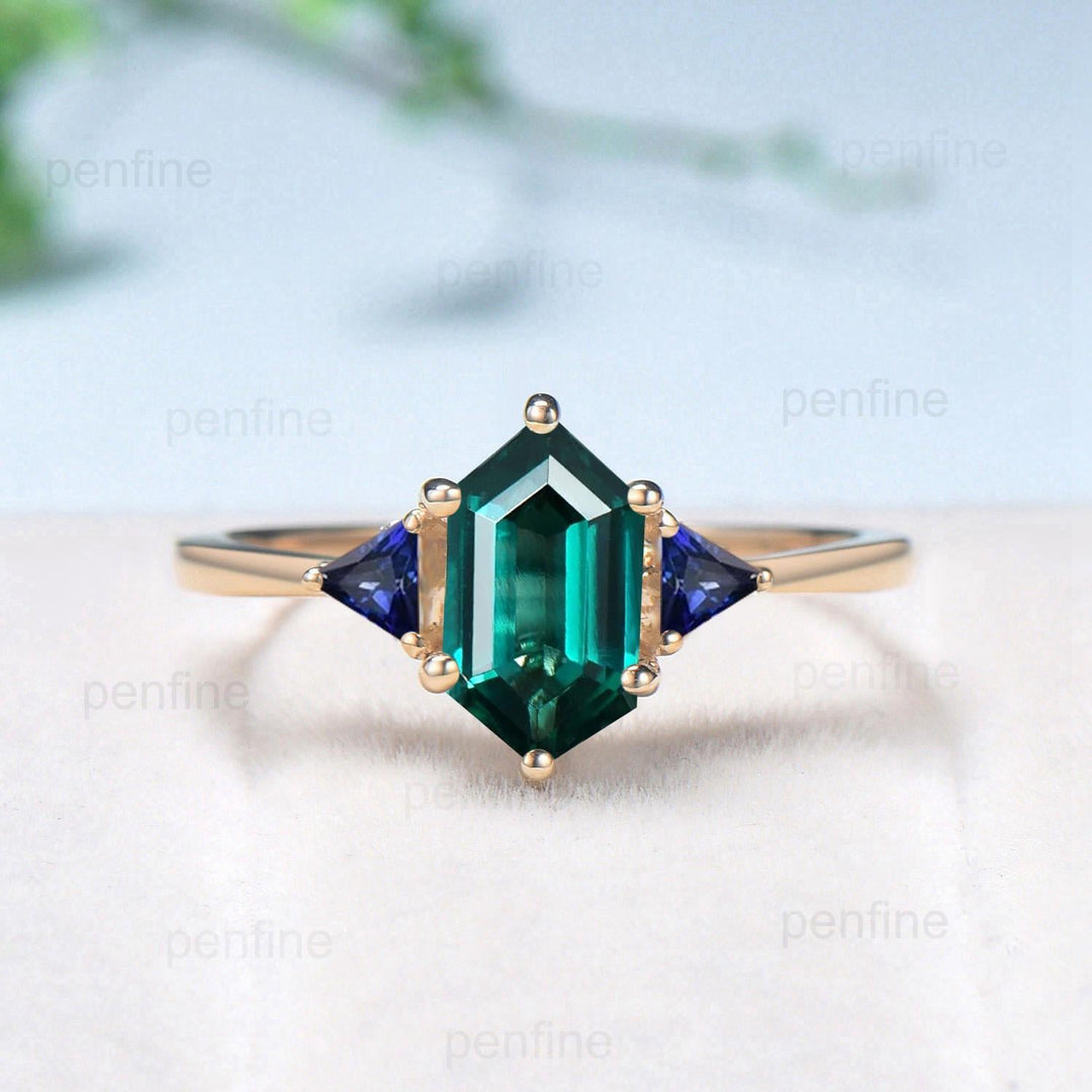 3pcs Long hexagon Emerald Engagement Ring Set Three Stone Trillion Blue Sapphire Wedding Ring Vintage alexandrite opal stacking bridal set - PENFINE