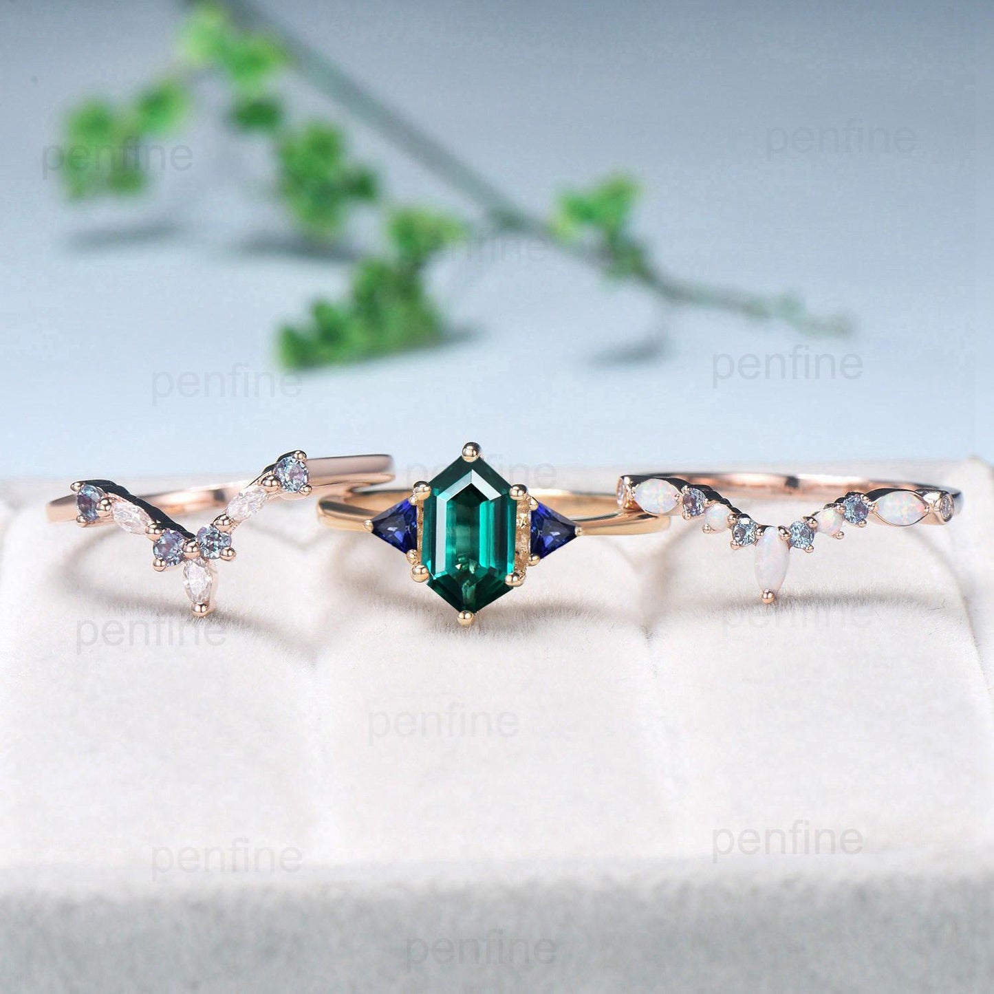 3pcs Long hexagon Emerald Engagement Ring Set Three Stone Trillion Blue Sapphire Wedding Ring Vintage alexandrite opal stacking bridal set - PENFINE