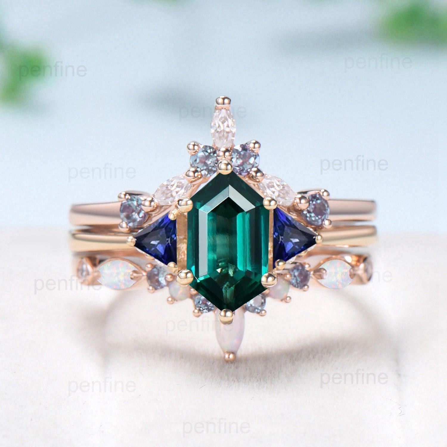 3pcs Long hexagon Emerald Engagement Ring Set Three Stone Trillion Blue Sapphire Wedding Ring Vintage alexandrite opal stacking bridal set - PENFINE