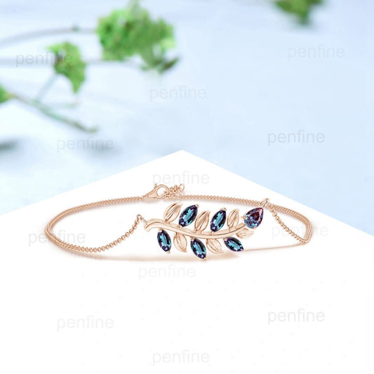 Minimalist marquise cut alexandrite bracelet leaves branch nature inspired color change dainty bracelet Vintage Stackable Bracelet For Women - PENFINE