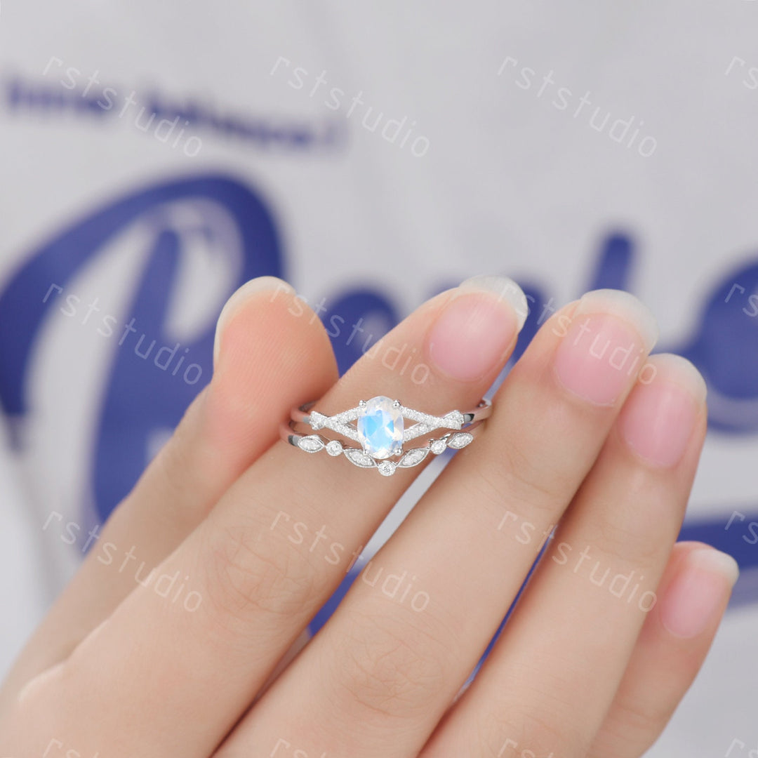 Oval Moonstone Engagement Ring Set: Vintage Art Deco Silver Bridal Set