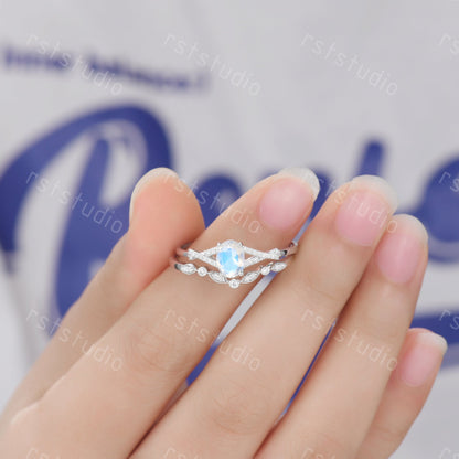 Oval Moonstone Engagement Ring Set: Vintage Art Deco Silver Bridal Set