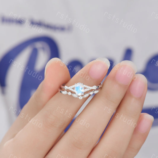 Oval Moonstone Engagement Ring Set: Vintage Art Deco Silver Bridal Set