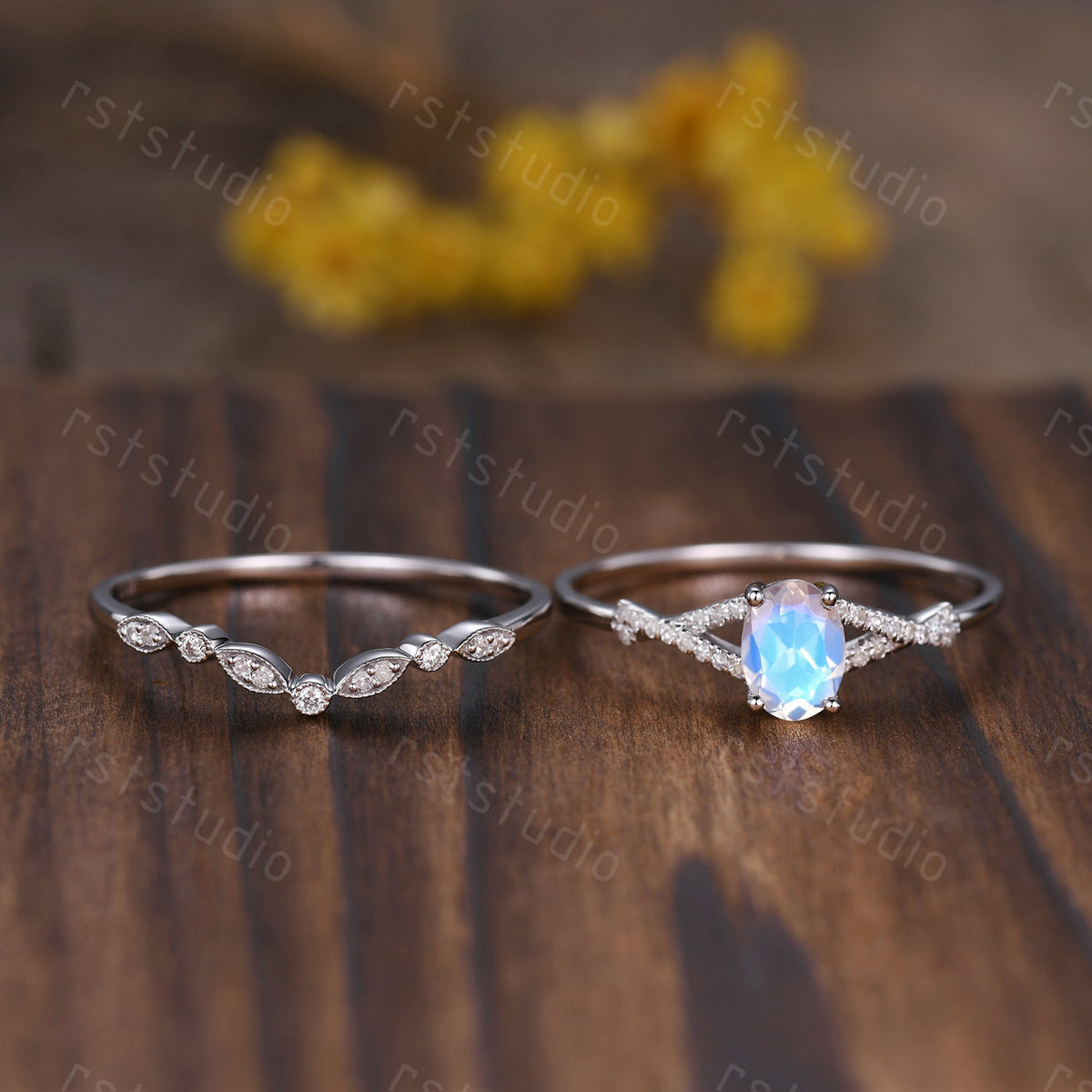 Oval Moonstone Engagement Ring Set: Vintage Art Deco Silver Bridal Set