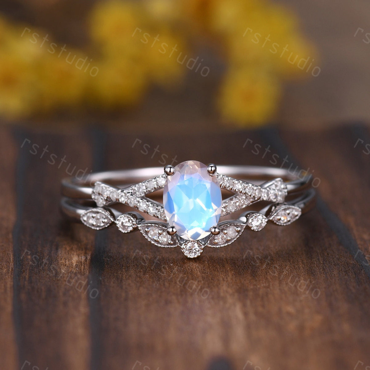 Oval Moonstone Engagement Ring Set: Vintage Art Deco Silver Bridal Set