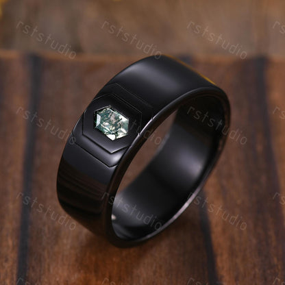 Vintage Moss Agate Couples Ring Set: Black Gold Wedding Bands