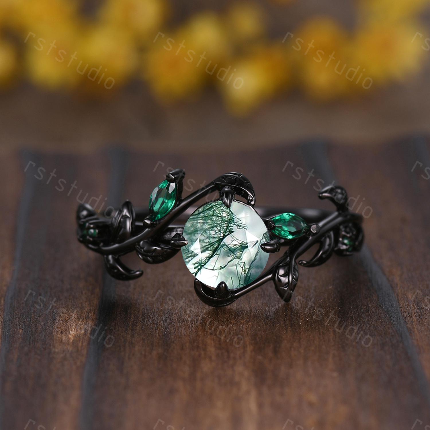 Vintage Moss Agate Couples Ring Set: Black Gold Wedding Bands