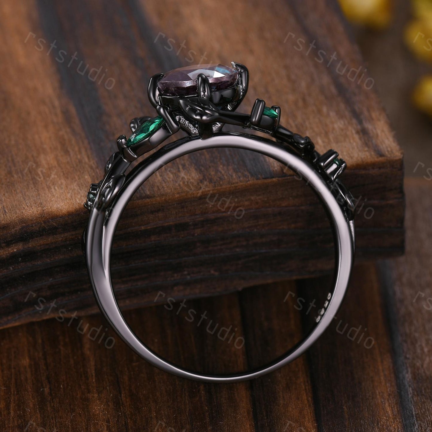 Vintage Blue Sapphire Couples Ring Set: Black Gold Wedding Bands