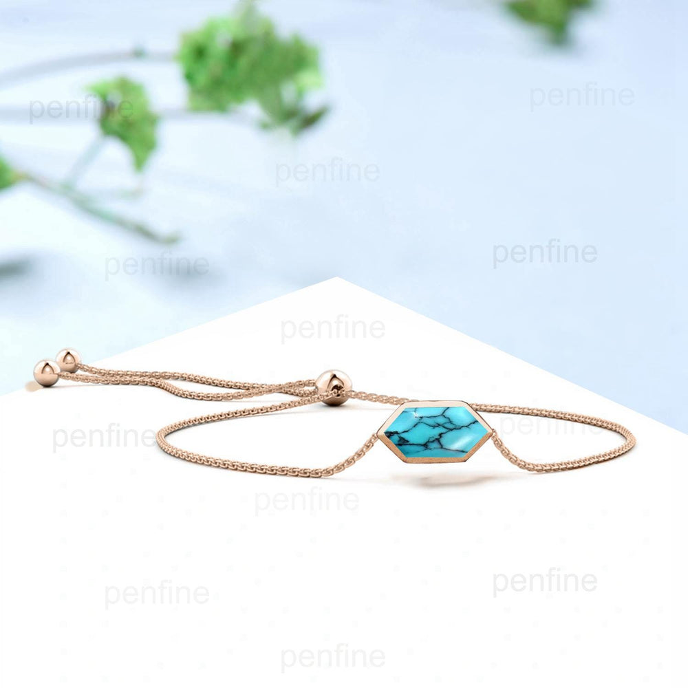 Bezel Set long hexagon turquoise bracelet Minimalist dainty bracelet vintage unique Stackable Bracelet For Women art deco anniversary gift - PENFINE